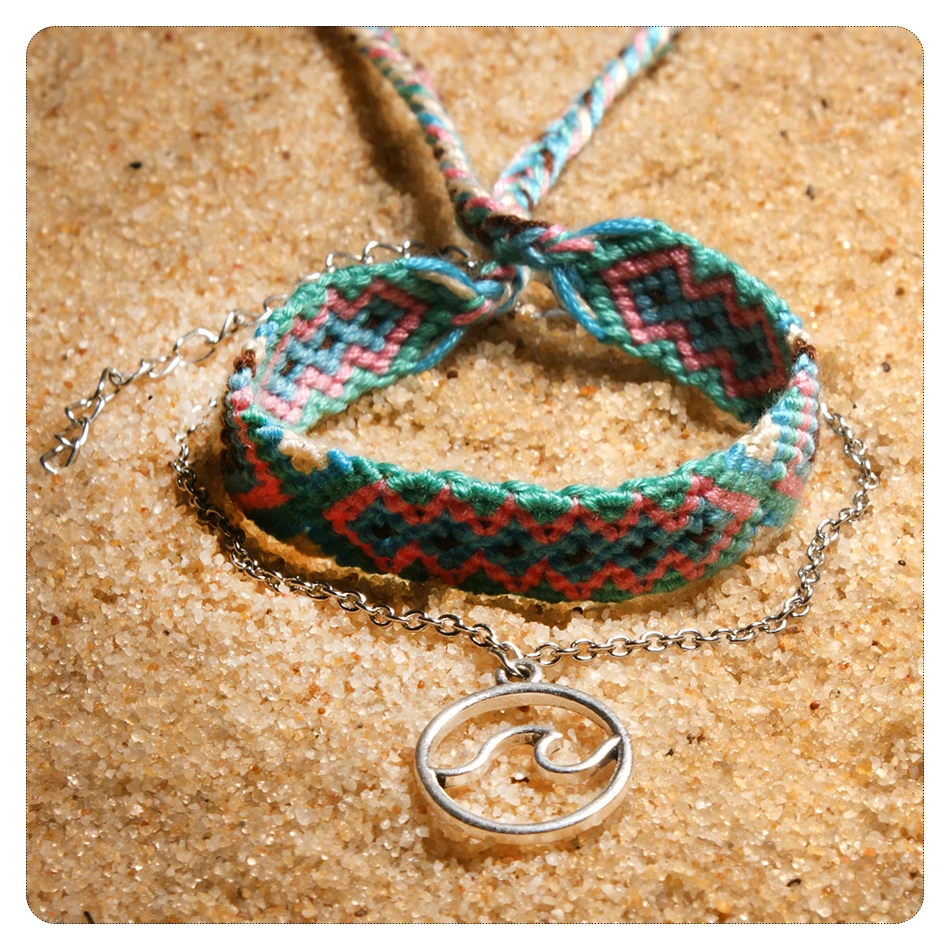 BRAVEKISS Friendship Wave Coin Pendant BOHO Retro Anklets For Gift stainless steel Anklet Bohemian Bracelets On Leg Jewel PA0035
