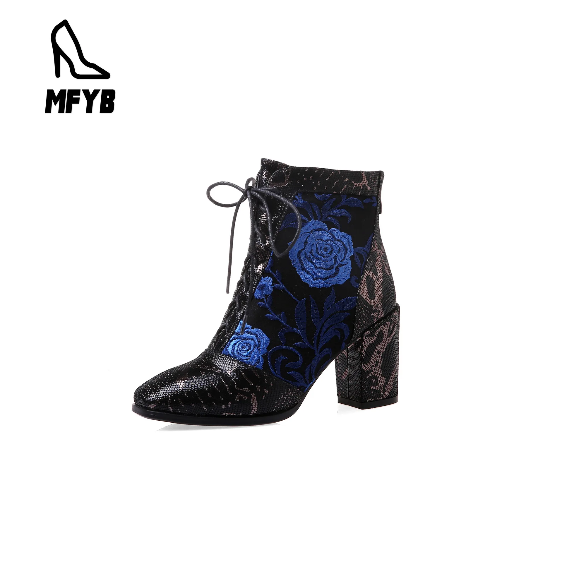 

MFYB Women's boots 2019 foreign trade winter new square head high-heeled embroidery cross strap low tube fashion boots 34-43