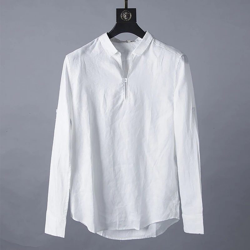 

100%Linen Long Sleeve Shirts Men Solid White Color Turn-down Collar Pullover Casual Shirts 2020 Summer Man Shirt