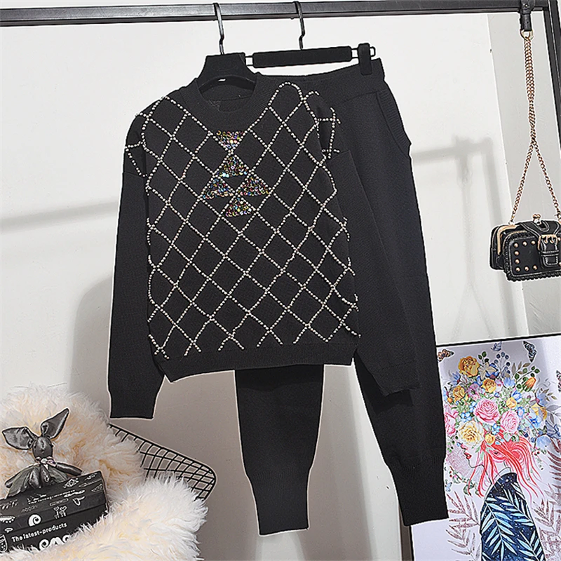 

2019 Autumn Winter Knit Sweater Pullover Women Fashion New Pearls Rhinestone Long sleeve Set + Long Pants Casual Two Piece Set