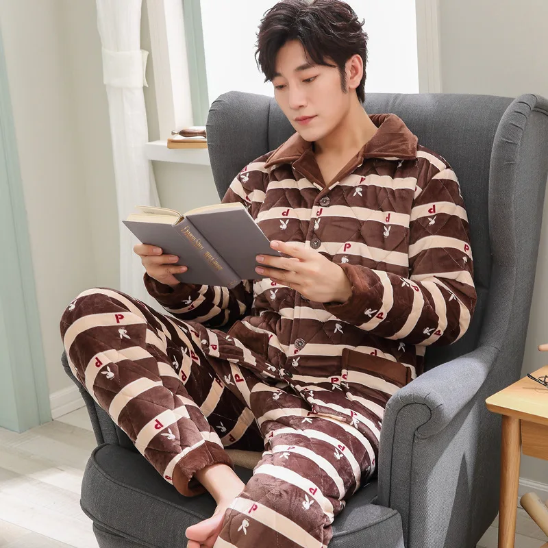 

Winter Men Pajamas Flannel Thick plus Velvet Middle-aged Coral Velvet Three Layer Padded Warm Tracksuit 2581