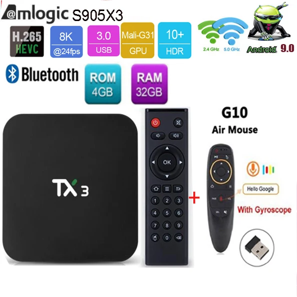 Tanix TX3 Amlogic S905X3 Android 9,0 ТВ приставка 4G 32G/64G четырехъядерный 2,4G/5 GHz Wifi BT H.265 Youtube 8K медиаплеер netflix google - Цвет: 4G 32G G10