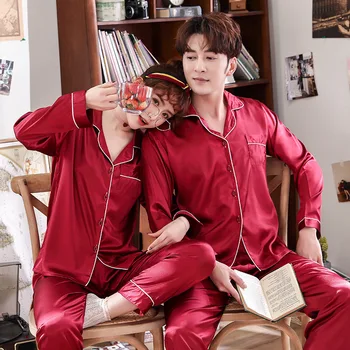 

2PCS Shirt&Pants Lovers Pajamas Suit Female Turn-down Collar Sleepwear Casual Sleep Set Lougne Pijamas Nightwear Soft Negligee