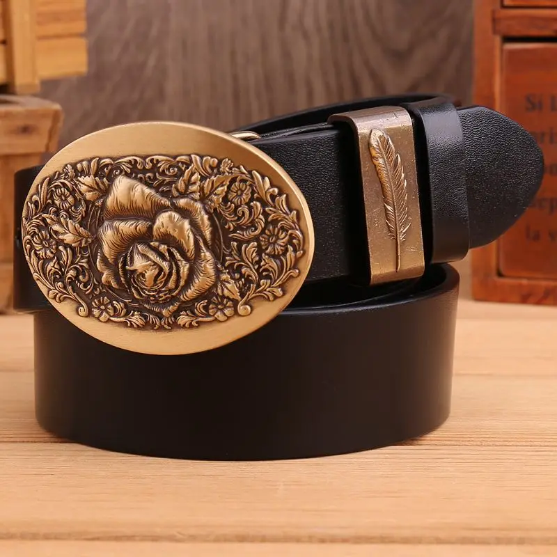 2020 flower belt men high quality full grain cowhide genuine leather waist belt 3.8 cm wide strap belts for women luxury leaf