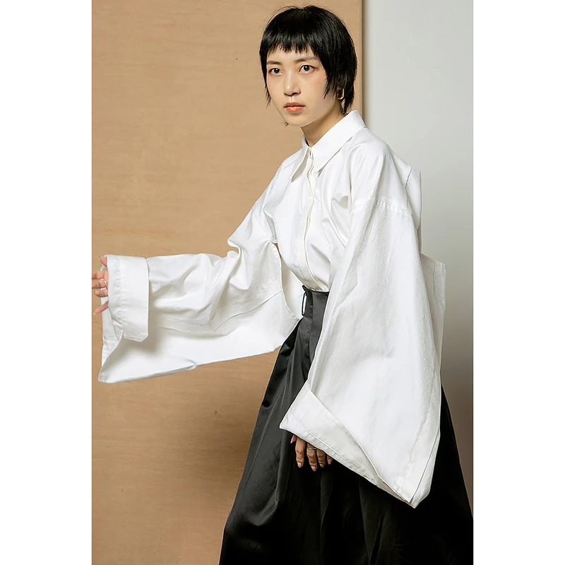 [EAM] Новинка, Осень-зима, белая Свободная рубашка с длинным рукавом и отворотом, женская блузка, модный стиль, JX129