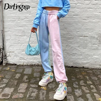 

Darlingaga Streetwear Patchwork Sweatpants Women Joggers High Waist Pants Contrast Color Casual Trousers Sweat Pants Bottom 2020