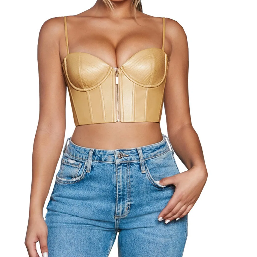 Хаки С низким вырезом на спине, на молнии из искусственной кожи Bralette Для женщин кроп Топ Пуш-Ап Топ укороченный, женственный плотный лифчик Корсеты короткие на бретелях# PYS - Цвет: Хаки