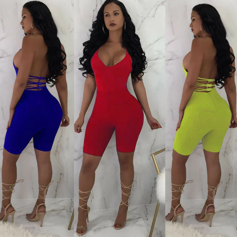 

Women Sleeveless Jumpsuit Solid Color Ladies Slim Short Bodycon Rompers Women Backless Hollow Out Spaghetti Strap Bodysuit