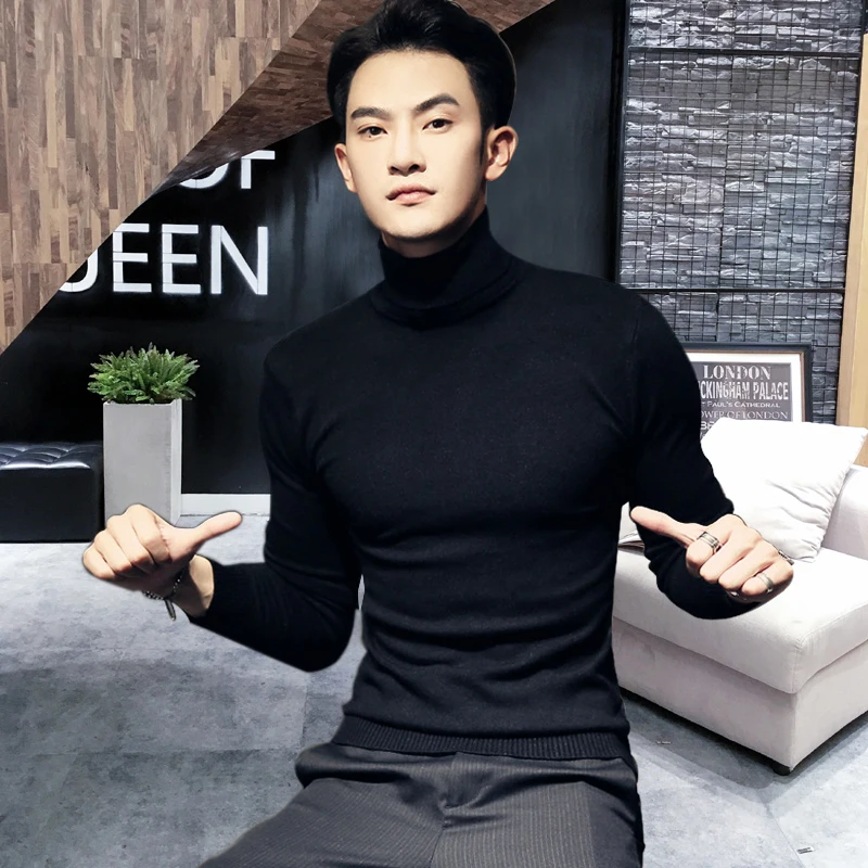 Новинка, зимний мужской свитер с высоким воротом, черный сексуальный брендовый вязаный пуловер, мужской однотонный Повседневный свитер, осенняя вязаная одежда - Цвет: Black