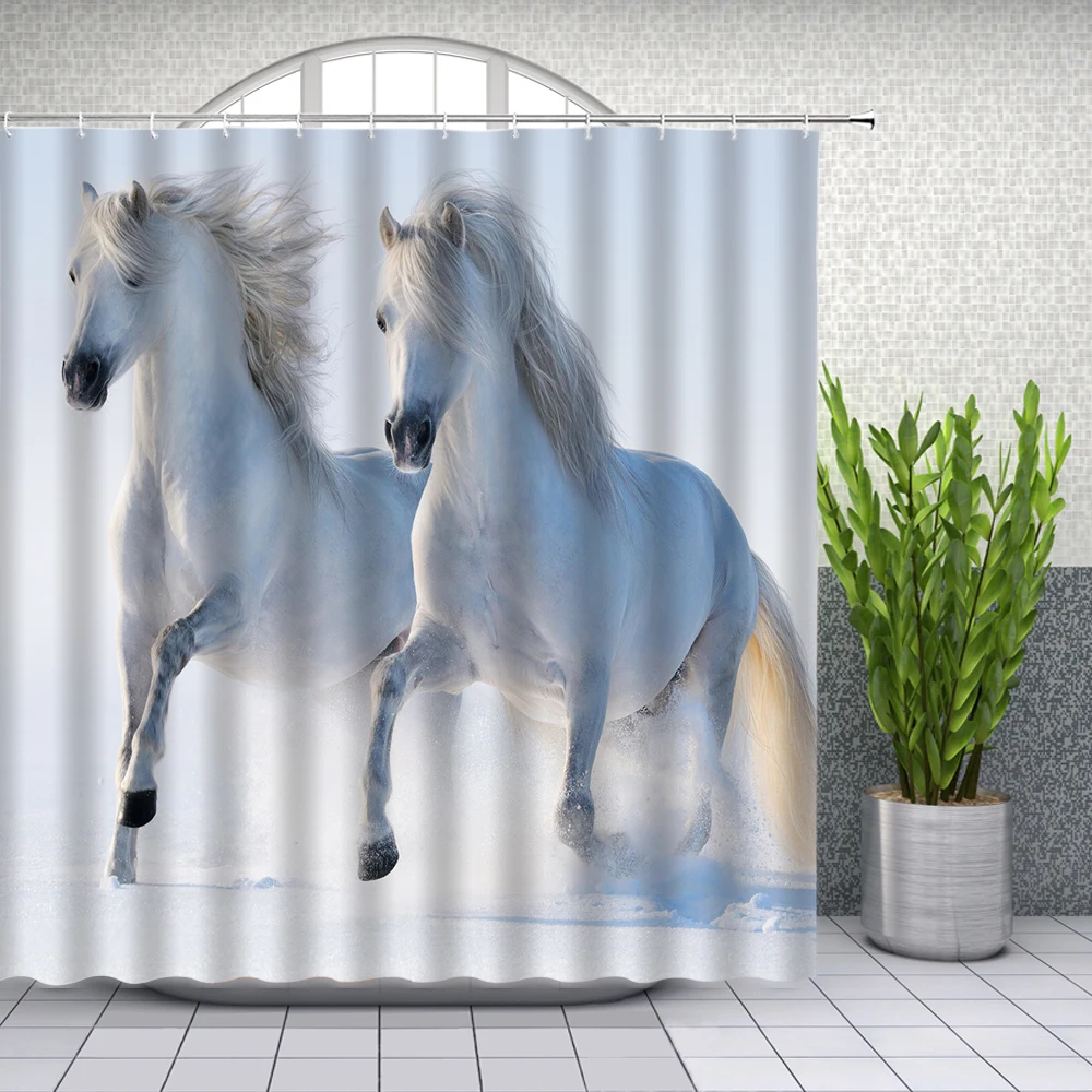 Black White Horse Shower Curtains Strong Animal Running on the Snow Bathroom Decor Home Bathtub Waterproof Polyester Curtain Set