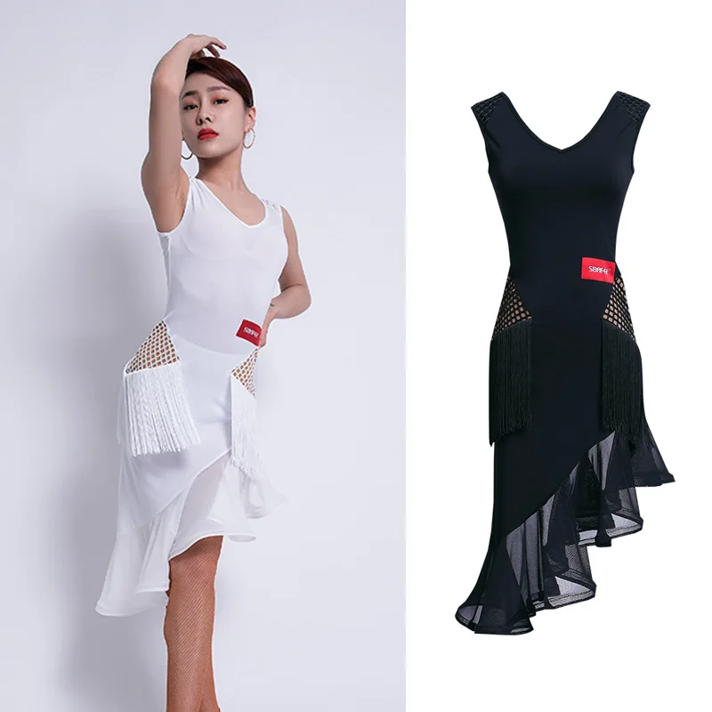 

Latin Dance Dress Adult Mesh Sleeveless Fringed Skirt Salsa Cha Cha Rumba Samba Tango Women Practice Performance Wear DNV11800