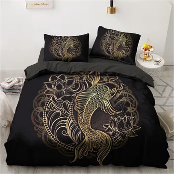 

3D Bedding Sets Duvet Quilt Cover Set Comforter Bed Linen Pillowcase King Queen 140x200cm Size Black Gold Design Printed