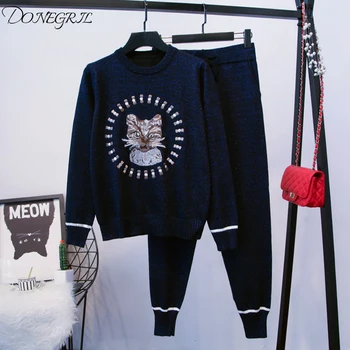 

women's casual pantsuits 2019 spring autumn cat embroidery sweaters+pencil pants two piece set Women knitted leisure suit