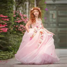 Розовое платье с цветочным узором для девочек, коллекция года, для свадьбы, бальное платье, фатиновое длинное платье с жемчужинами для первого причастия для маленькой девочки