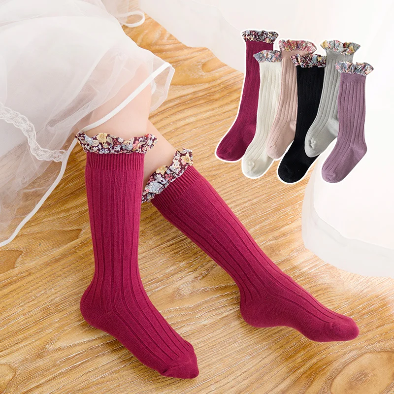 0-8 Years Baby Girls Liberty Ruffle Trim Knee Socks Kid's Girls Ribbed Cotton Ditsy Floral Frill Knee High Socks