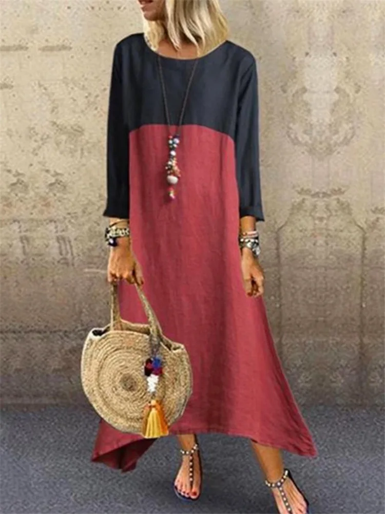 

2019 Autumn Linen Dresses Women Boho Patchwork long Sleeve O-Neck Maxi Dress Loose Plus Size Long Dress Vintage Vestidos Robe