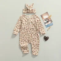 Citgeett Autumn Newborn Baby Girls Boys Casual Outfits Flower Print Long Sleeve Jumpsuit + Bowknot Headband Clothes 2