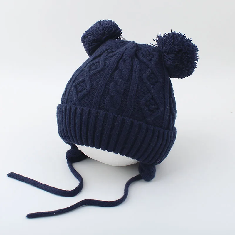 navy blue Милая детская шапочка с помпоном, теплая зимняя шапка для детей, Теплый Мягкий Вязаный детский Чепчик для девочки ясельного возраста, шапочка, Enfant Muts - Цвет: navy blue