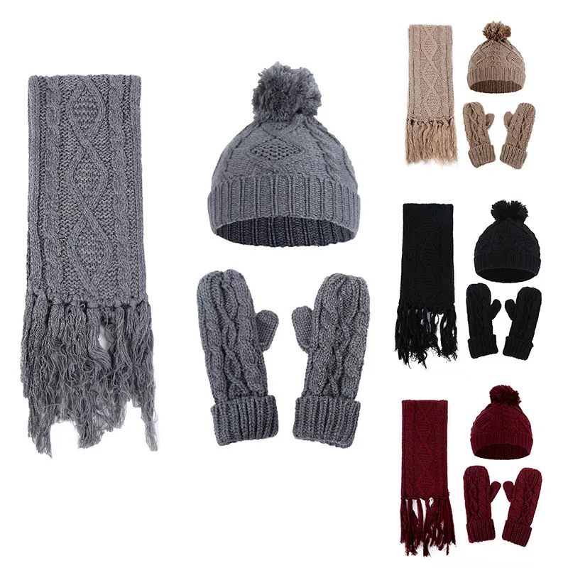 

3Pcs/Set Knitted Hat Scarves Gloves Winter Warm Thick Soft Pompom Skullies Beanies Cap Rhombus Twisted Solid Color Fashion