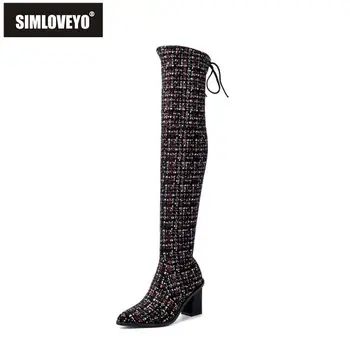 

SIMILOVEYO Over-the-knee Boots Pointed Toe Block Plaid Square Heels Warm Plush Lace up Snow Boots Blue Big Size 34-43