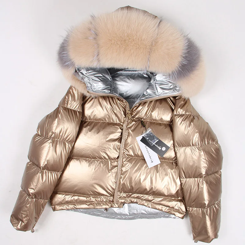 Женская зимняя куртка с воротником из натурального Лисьего меха, женский свободный короткий пуховик, куртка на белом утином пуху, толстый теплый пуховик w