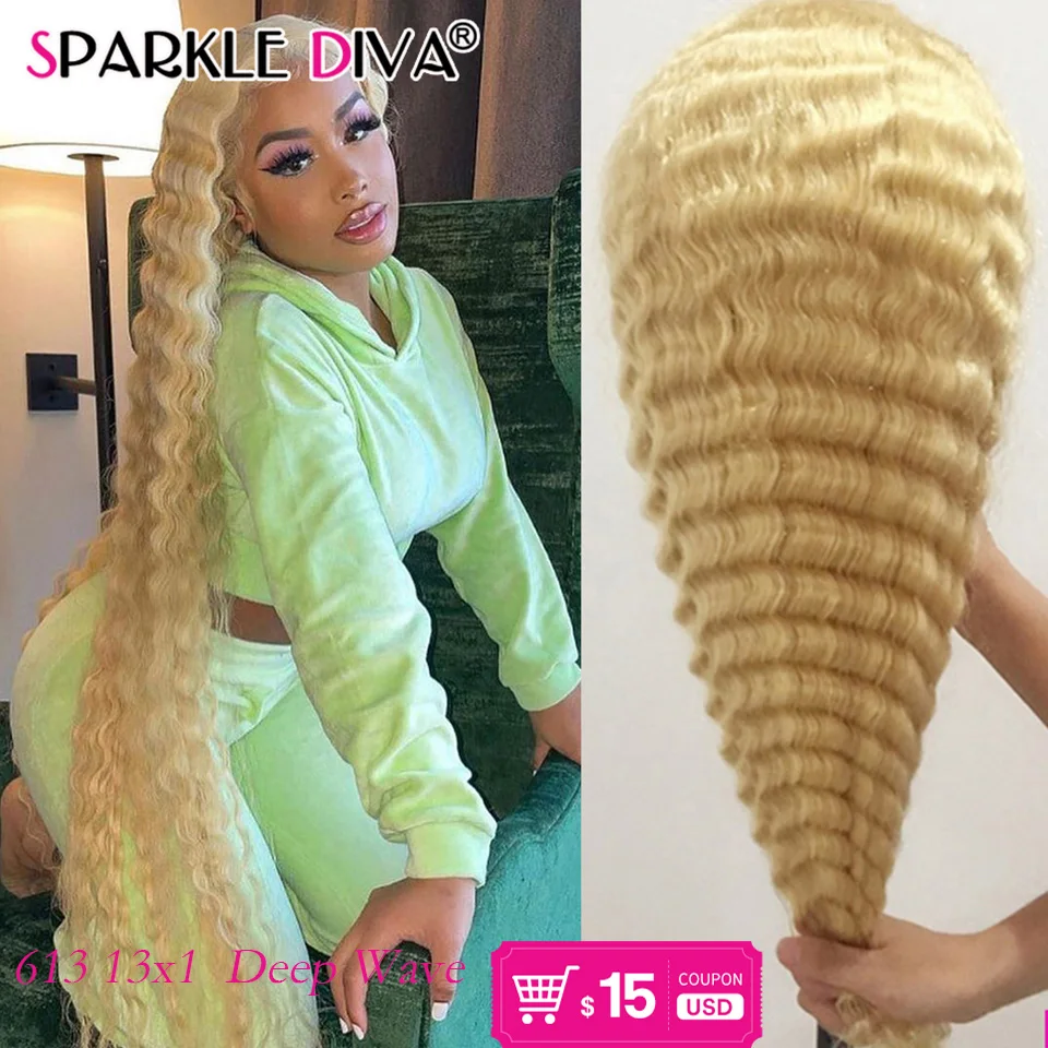 613 rubia frente de encaje pelucas de cabello humano brasileño suelta la onda profunda 150 de densidad 13x1 peluca con malla frontal Remy pelucas de cabello humano T malla con división