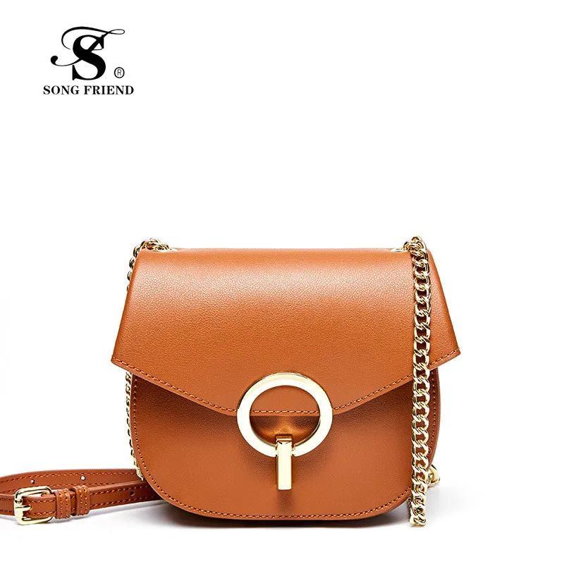 

100%High-quality cowhide lady handbag 2019 fashion retro niche design chain bag retro single-shoulder cross-body small round bag