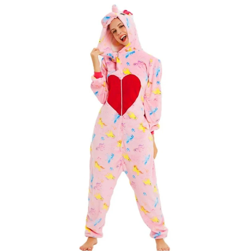 Loveheart Pegasus Пижамы для взрослых, Женская фланелевая одежда для сна, унисекс, милый пижамный комплект с единорогом, стежком, мультяшным животным, Детская Пижама с капюшоном - Цвет: Loveheart Pegasus