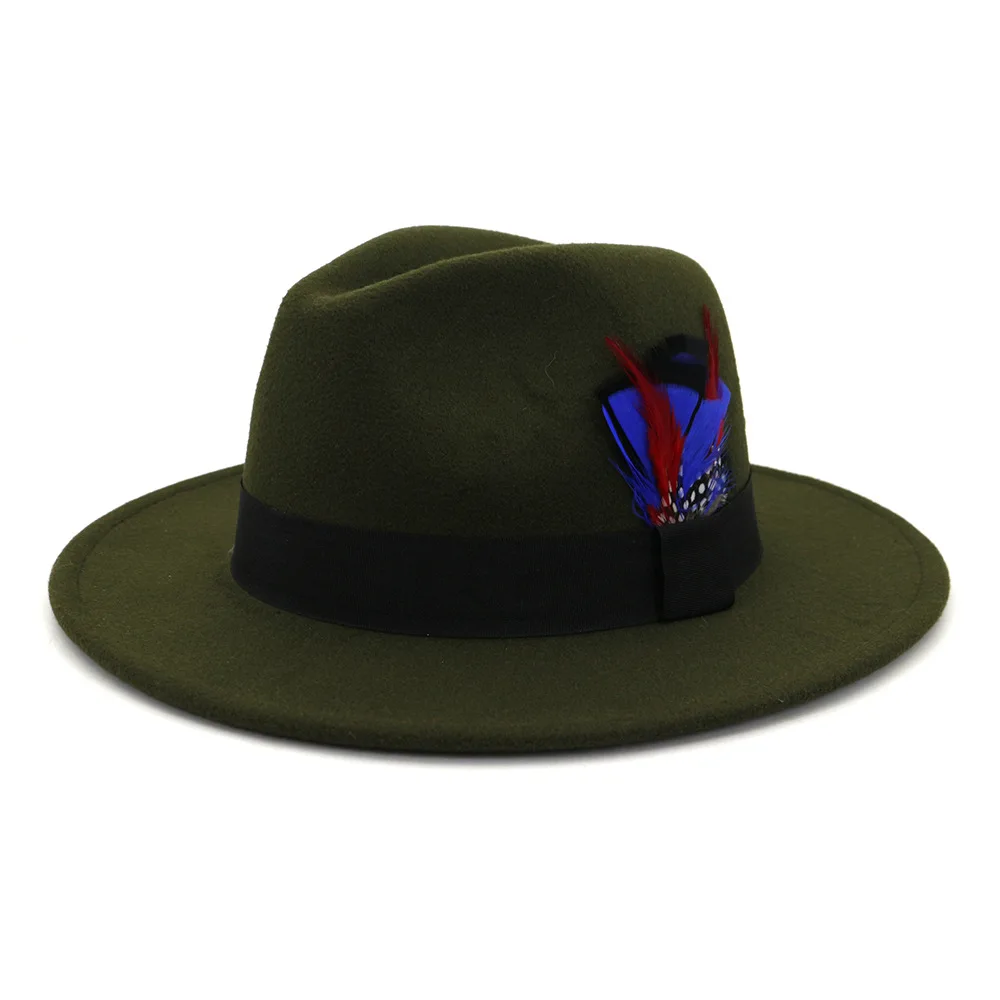 army green HanXi фетровая шляпа с перьями Женская однотонная Имитация шерсти фетровая лента туристическая Кепка уличная джазовая Кепка s Gorras для девушек - Цвет: army green