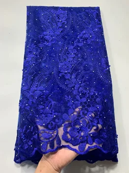 

Latest Royal Blue Lace Fabric 2020 High Quality Fashion Fabric With Stone embroidery French Tulle Lace Fabrics for wedding party