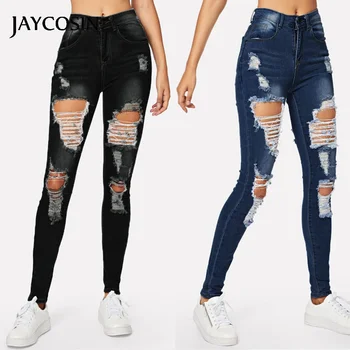 

JAYCOSIN Women Set Fashion Pocket Wild Slim Fit Tight Pants Ripped Hole Jeans For Ladies Skinny Stretch Boyfriend Female 2020 J