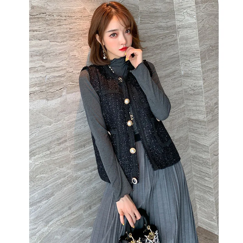 

Base Shirt + ding zhu kou Tweed Waistcoat + Pleated Skirt Three-piece Set-Women's 2019 New Style Europe And America