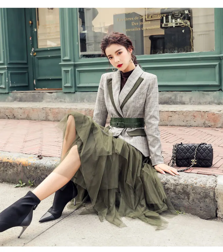 H Han queen, женская элегантная офисная одежда, комплект из 2 предметов для женщин, новинка, костюмы с решетчатым зубчатым вырезом и поясом, ОПС и сетчатая бальная юбка