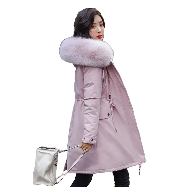 

Chic Fur Coat Hooded Winter Down Coat Warm Jacket Long Slim Women Cotton padded Wadded Parka female jacket Fur lining