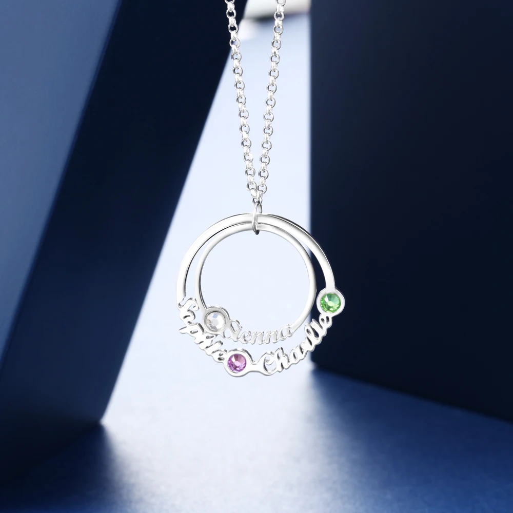 JewelOra 925 серебро пользовательское имя Круг ожерелье с 3 камнями по рождению персонализированное семейное ожерелье подарок для лучших друзей