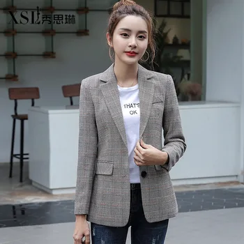 

Women's jacket new 2019 autumn Slim fashion casual temperament single lattice single-breasted small suit women's clothes
