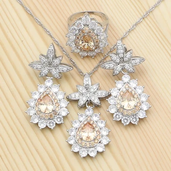 

925 Silver Jewelry Sets For Women Engagement Accessories Champagne Pineapple Cubic Zirconia Pendant Necklace Ring Earrings Set