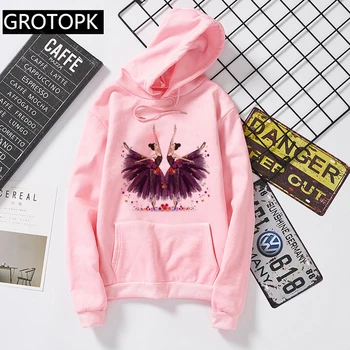 

Flower Ballet Girls Print Hoodies For Women Autumn Winter Harajuku Kawaii Femme Cotton White Pullover Vogue Pullover Streetwear