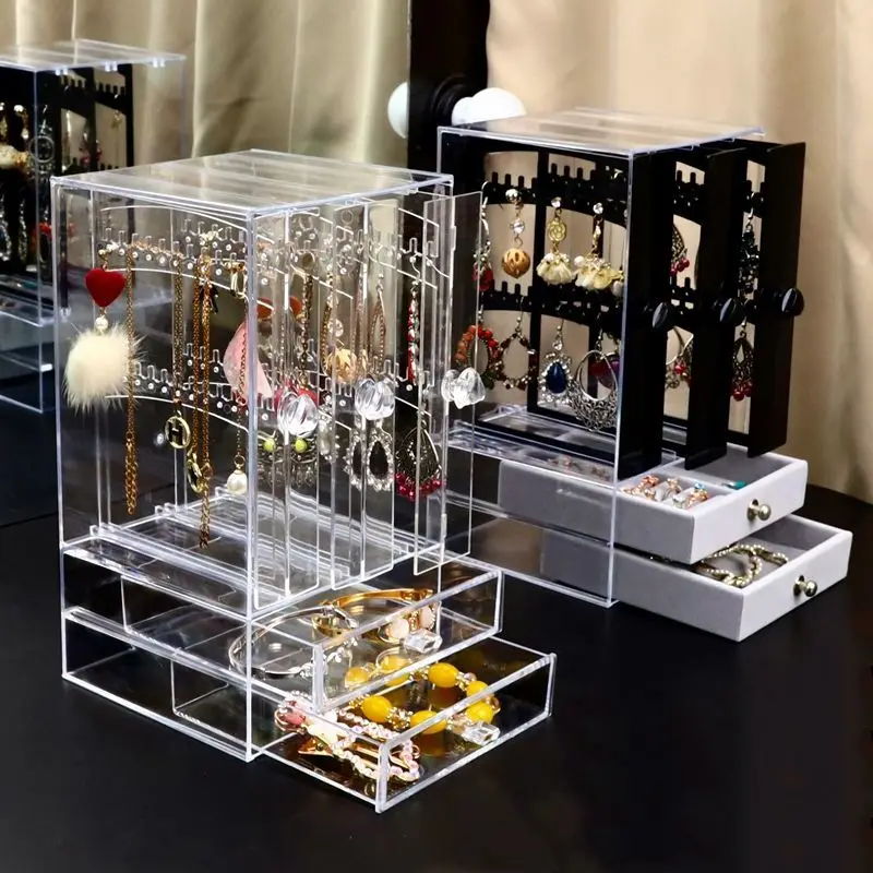 Multifunctional Transparent Jewelry Box Dustproof Display Stand Three-dimensional Large Capacity Necklace Earring Storage Box