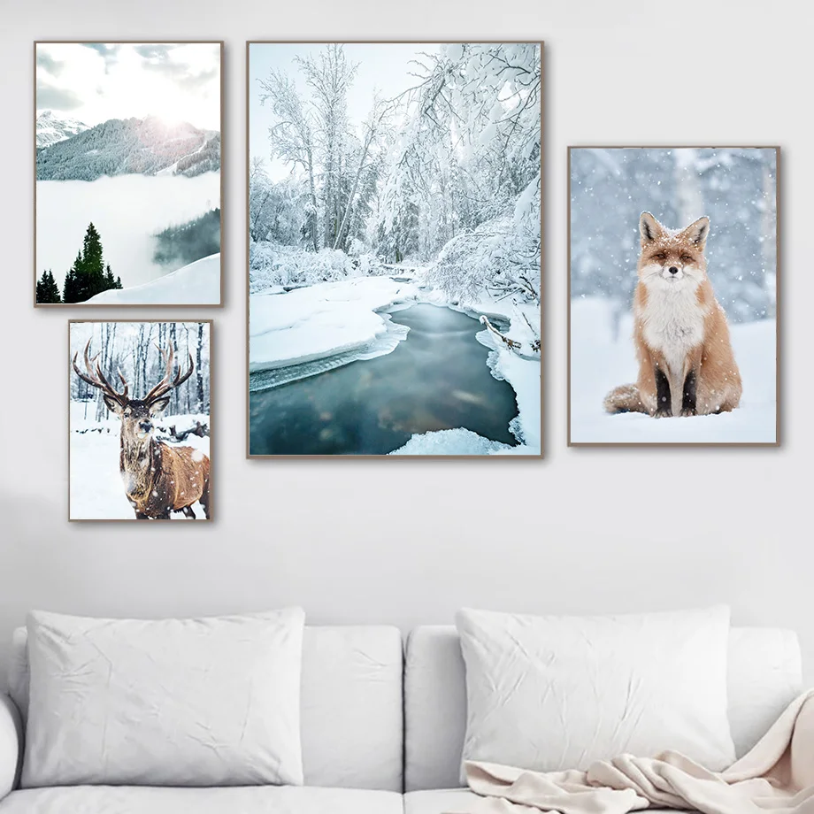 Winter Snow Mountain Forest Deer Fox Wall Art Canvas Painting Nordic Posters And Prints Wall Pictures For Home Living Room Decor