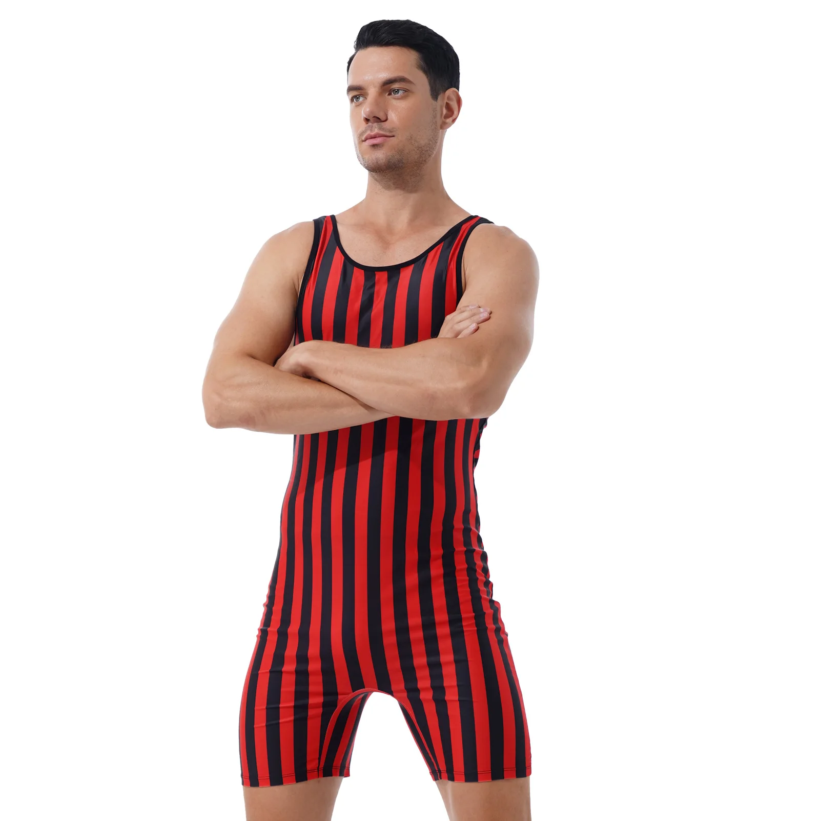 Mens Bodysuit Striped Wrestling Singlet Weight Lifting Jumpsuit Male Gym Workout Fitness Outfits Athletic Gymnastics Leotard