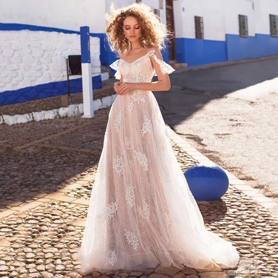 

Bohemia Champagne A Line Beach Wedding Dress With Exquisite Lace Appliques Spaghetti Straps Off The Shoulder Bridal Gown
