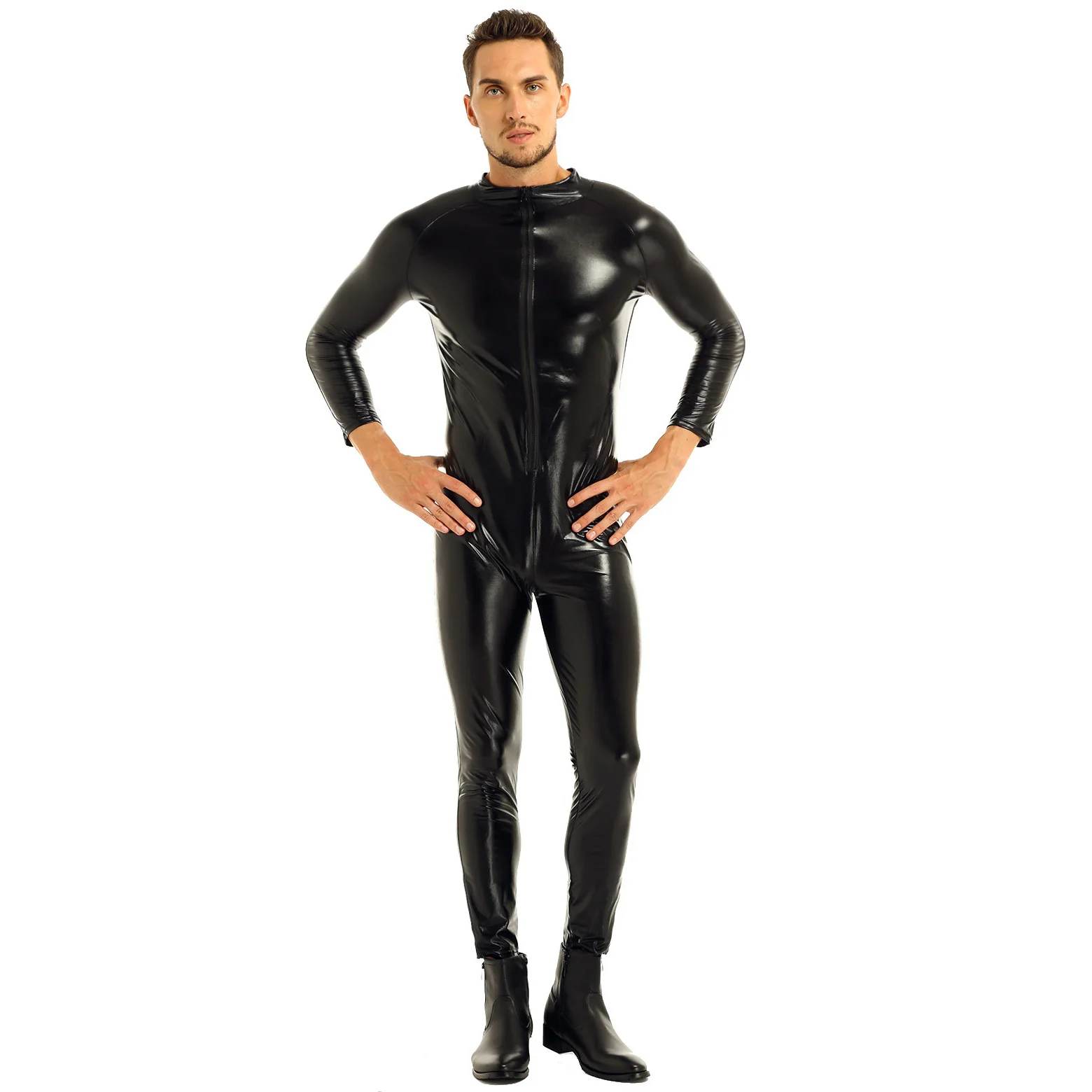 Мужское нижнее белье, костюм-комбинезон, Wetlook, передняя молния, полный комбинезон, Клубная одежда, сексуальный костюм для танцев, рейв-одежда