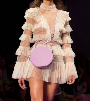 

ZCWXM Sweet Pink/White Polka Dot Mesh Mini Dress Women 2020 Summer Runway Designer Flare Sleeve Ruffles Dress Female New