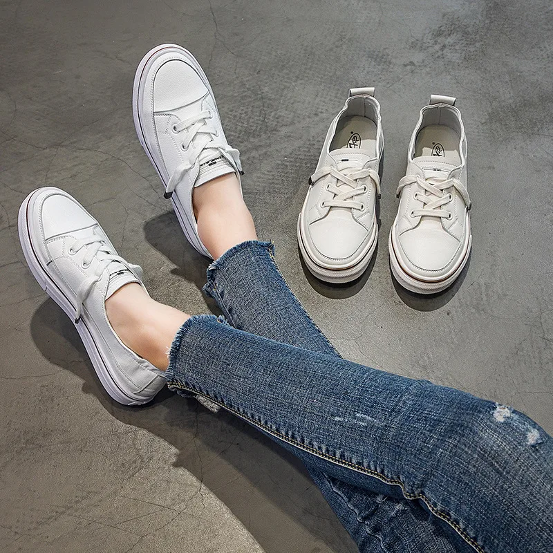 

Genuine Leather Simple White Shoes Women's 2019 Spring Spring New Style Versatile Students Shoes Flat Keel Thin Shoes WOMEN'S Sh