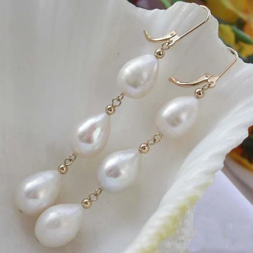 

New Arrival Favorite Pearl Jewelry 11mm White Rice Drop Genuine Freshwater Pearls 14k/20 GP Dangle Earrings Fine Lady Gift