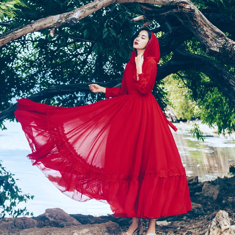 

Spring Autumn Chiffon Long Dresses 2019 New Hooded Lace Big Swing Dresses Red Bohemian Beach Dress Slim Vintage Women Dress