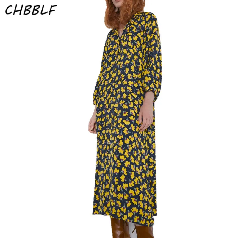 

CHBBLF women stylish floral print midi dress long sleeve female casual wear mid calf dresses summer chic vestido BGB9468
