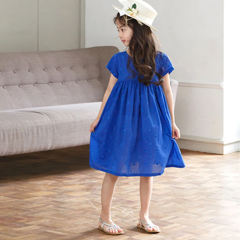 

Girl Clothes Summer Short-sleeved Princess Dress 2019 New Dot Blue Still Color Solid Color Birthday Party Dress Fashion Dress