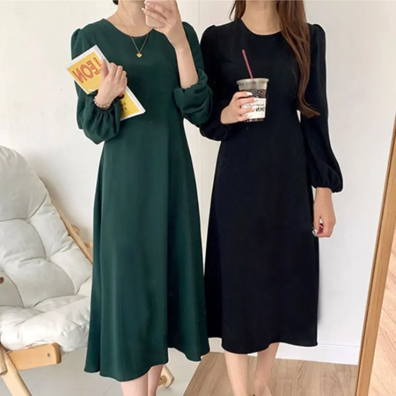 

Elegant Women Dress Black 2019 Autumn Office Causal Korean Style Solid Long Dresses French Boho Pullover Sashes Robe Vestidos